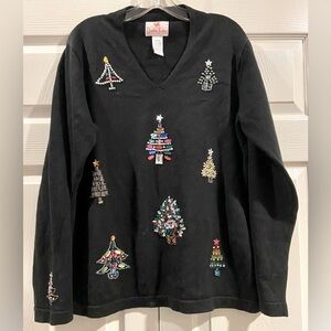 Quacker Factory Christmas Sweater 90s Black Beaded Rhinestone Trees Size Medium